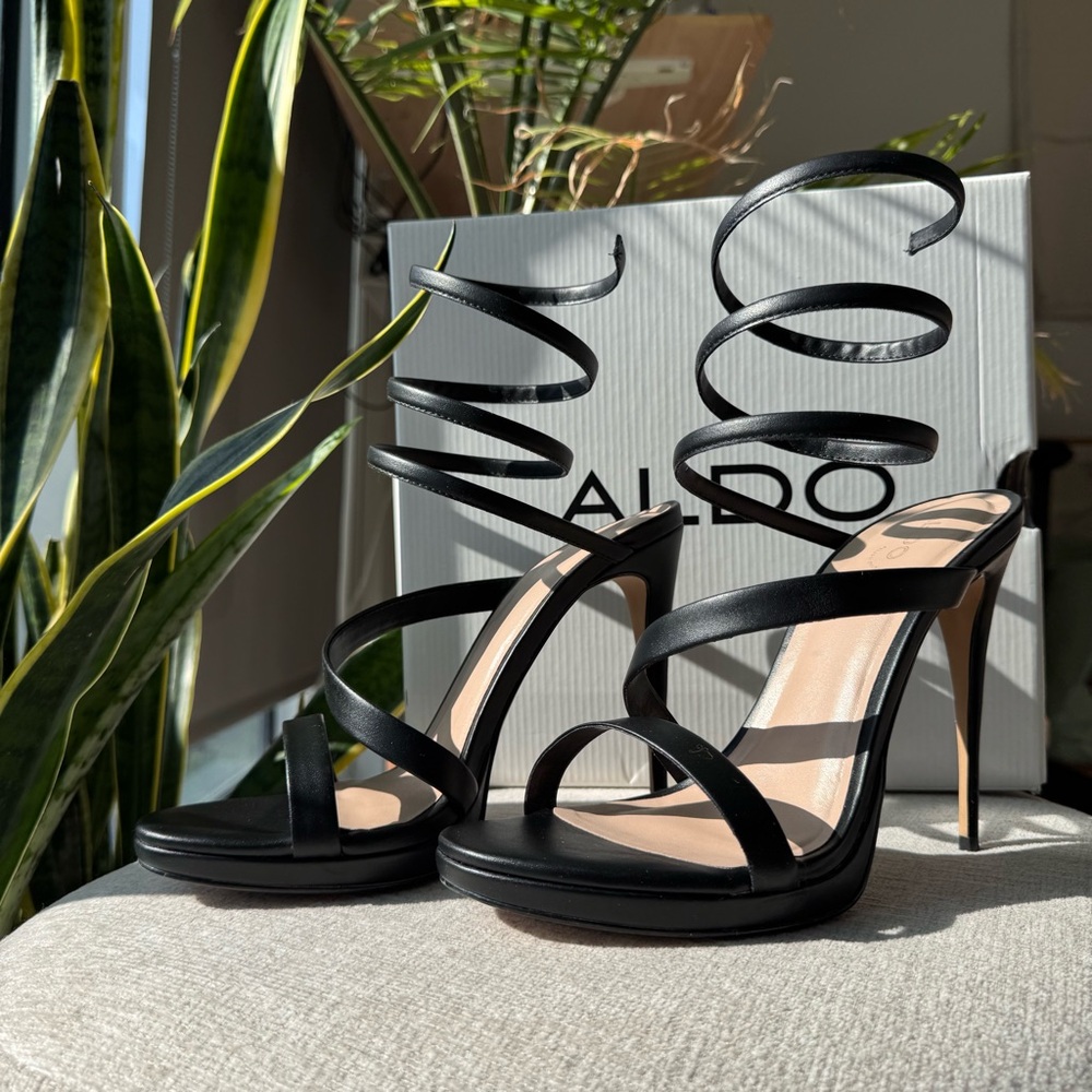 ALDO Katswirl Strappy Spiral Heels – Black, Size 10